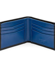 Woven leather billfold wallet with 6 credit card slots, black with cobalt, open