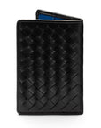 Woven leather credit card holder, black with cobalt, back