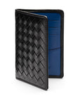 Woven leather credit card holder, black with cobalt, open
