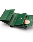 Leather wallet with coin purse, black with green, open