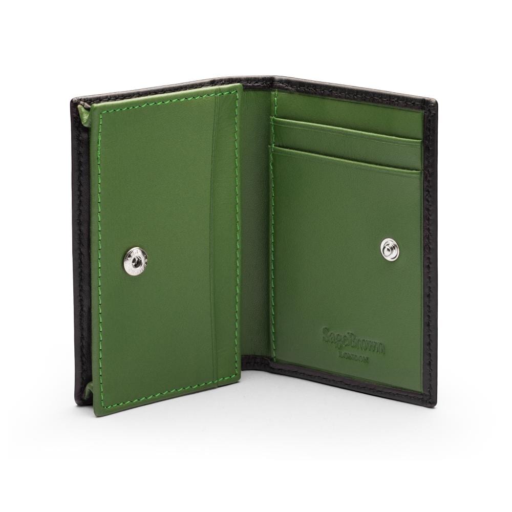 Expandable leather business card holder, black with green, open