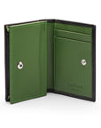 Expandable leather business card holder, black with green, open