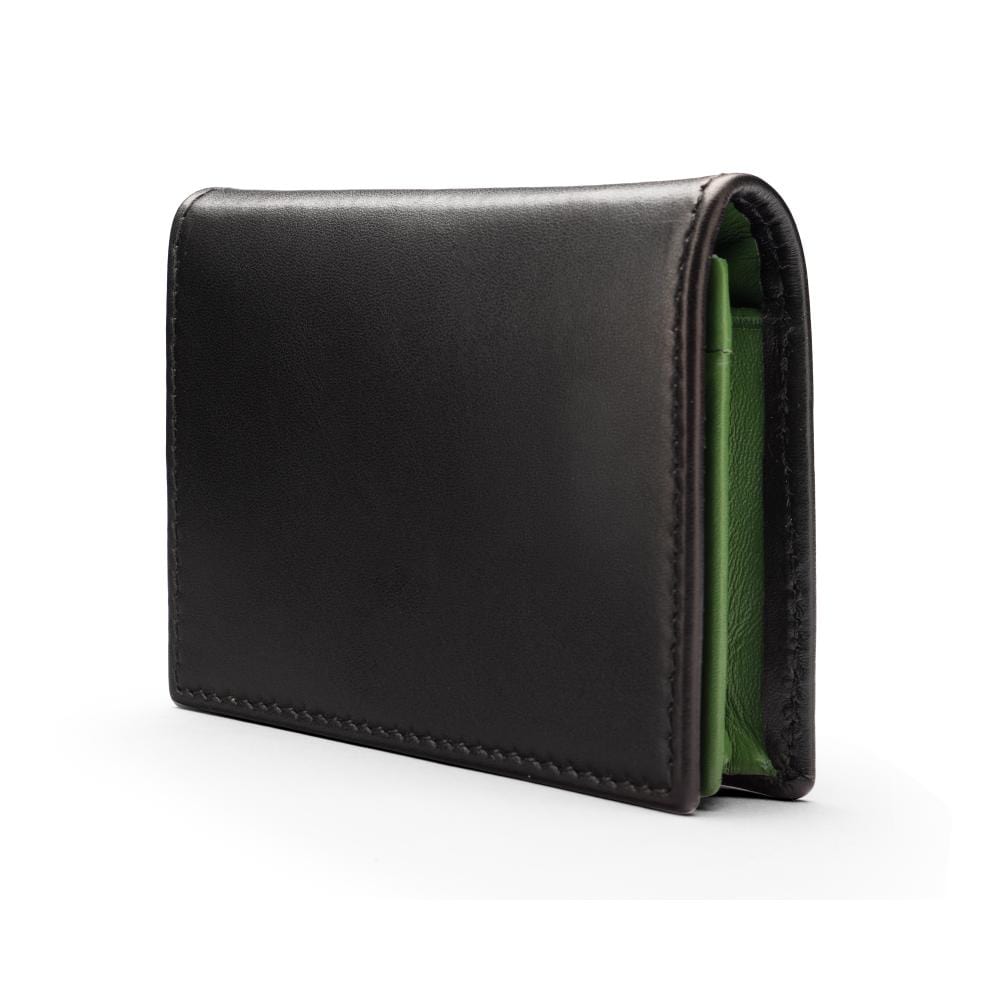 Expandable leather business card holder, black with green, side