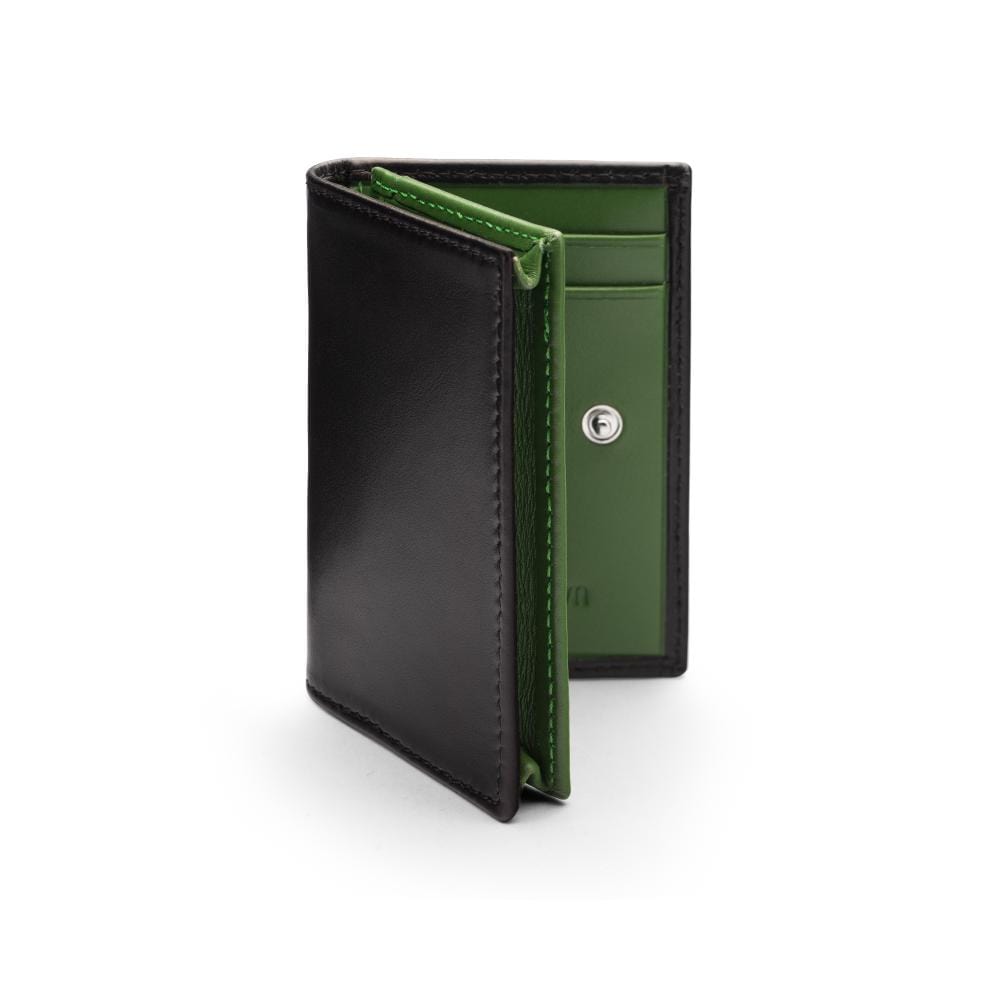 Expandable leather business card holder, black with green, front