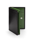 Expandable leather business card holder, black with green, front