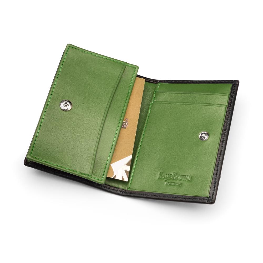 Expandable leather business card holder, black with green, inside