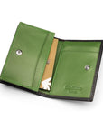 Expandable leather business card holder, black with green, inside