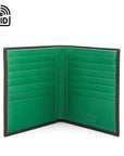 3/4 height leather RFID wallet 14 CC, black with green, open