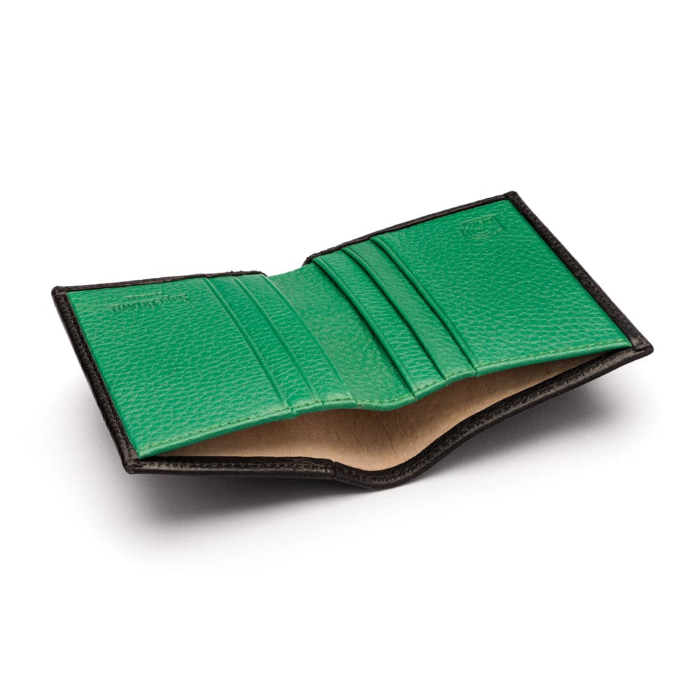 RFID leather wallet with 4 CC, black with green, inside