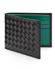 Woven leather wallet with 6 credit card slots, black with green, front