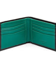 Woven leather wallet with 6 credit card slots, black with green, open