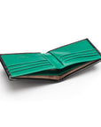 Woven leather wallet with 6 credit card slots, black with green, inside