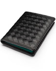 Woven leather credit card holder, black with green, front