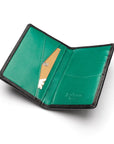 Woven leather credit card holder, black with green, inside