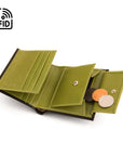 Compact RFID leather wallet with coin purse, black with lime, open