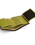 Compact RFID leather wallet with coin purse, black with lime, inside
