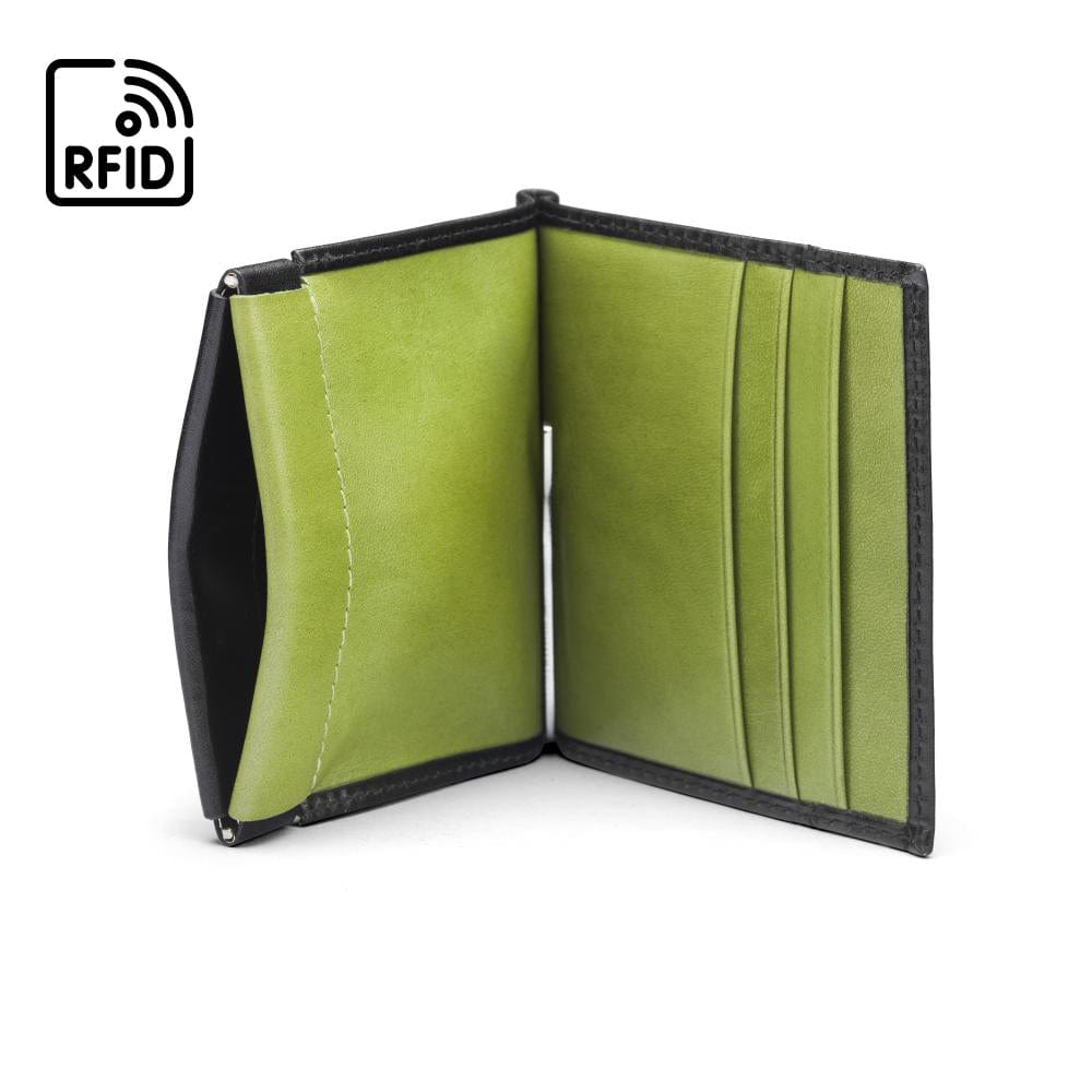 Leather money clip wallet with coin purse, black with lime, open