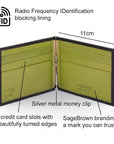 Leather money clip wallet, black with lime, features and dimensions