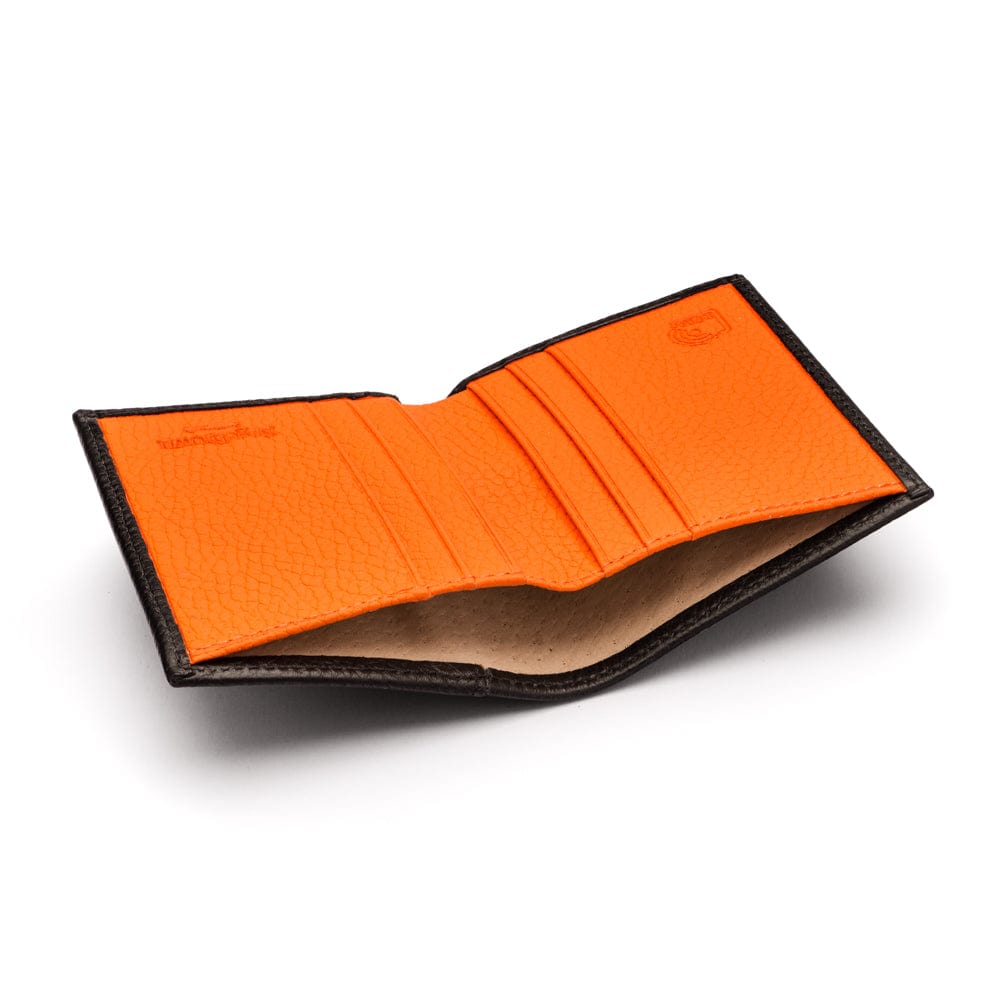 RFID leather wallet with 4 CC, black with orange, inside