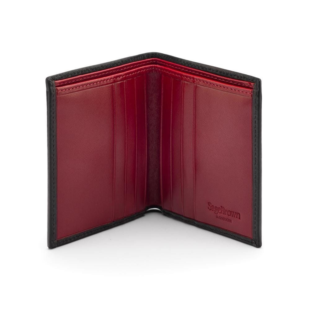 Bifold leather wallet with 6 credit cards, black with red, inside