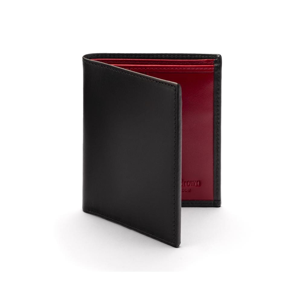 Bifold leather wallet with 6 credit cards, black with red, front