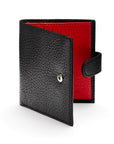 Compact leather RFID billfold wallet with tab, black with red, tab closure
