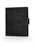 Compact leather RFID billfold wallet with tab, black with red, front
