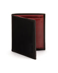 Compact RFID leather wallet with coin purse, black with red, front