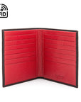 3/4 height leather RFID wallet 14 CC, black with red, open