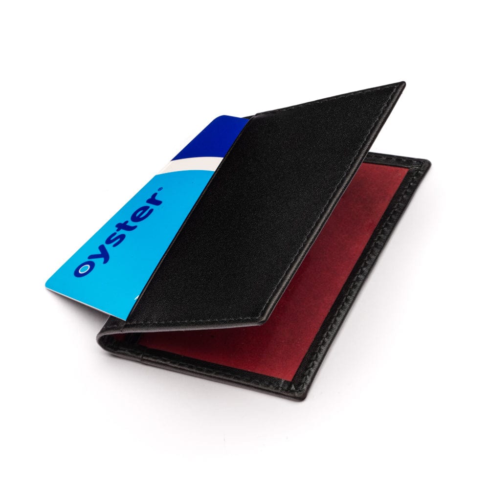 Leather travel card wallet, black with red, front