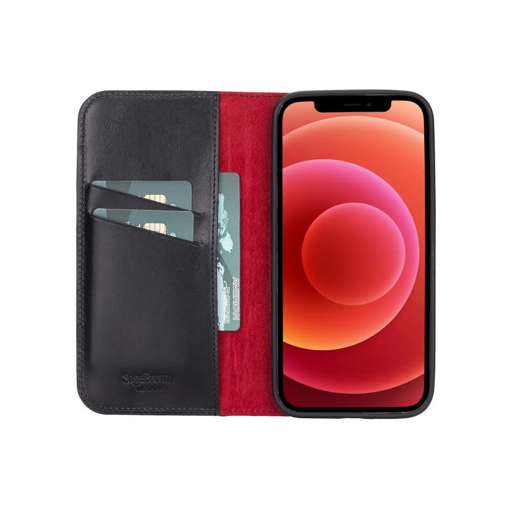 Leather iPhone 12 Pro Max case, black with red, inside