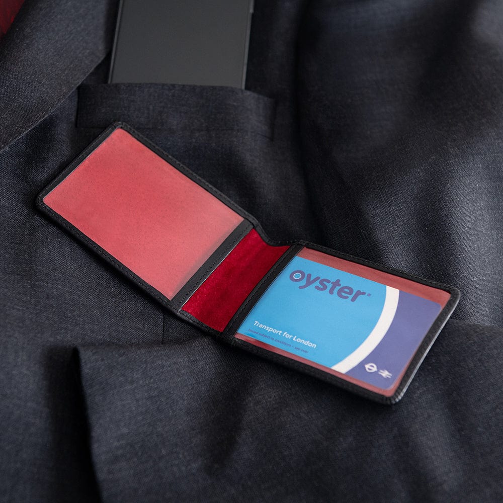 Leather Oyster card holder, black with red, lifestyle
