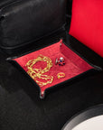 Leather valet tray, black with red, lifestyle