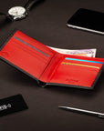 RFID wallet in bridle hide leather, black with red, lifestyle