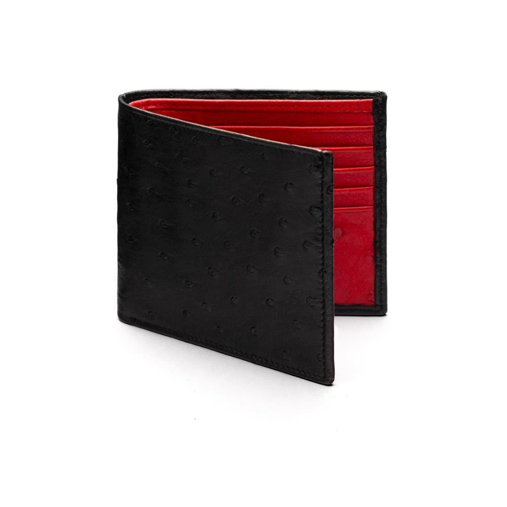 RFID wallet in ostrich leather, black with red, front