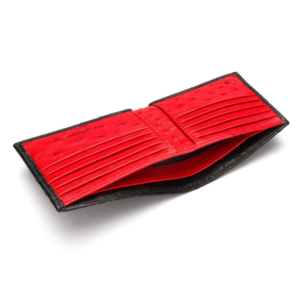 RFID wallet in ostrich leather, black with red, inside