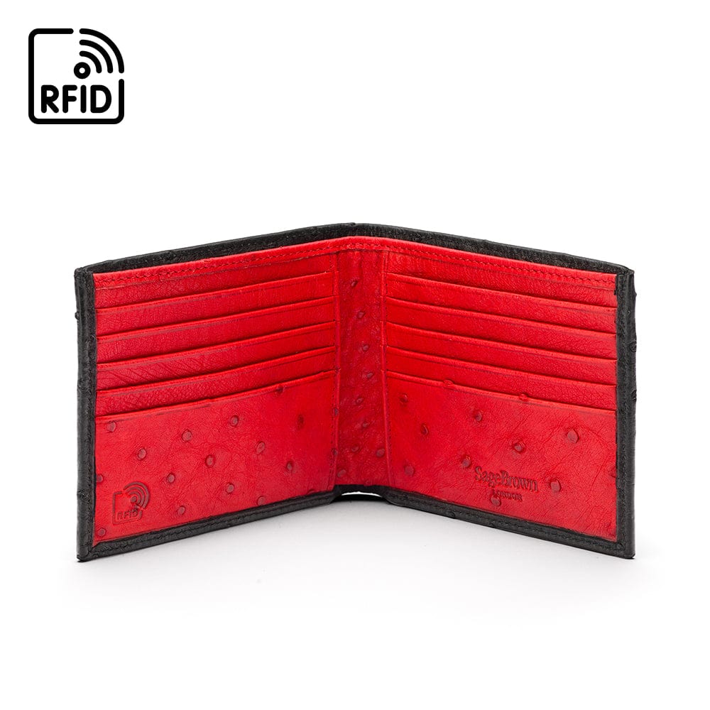 RFID wallet in ostrich leather, black with red, open view