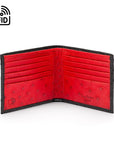 RFID wallet in ostrich leather, black with red, open view