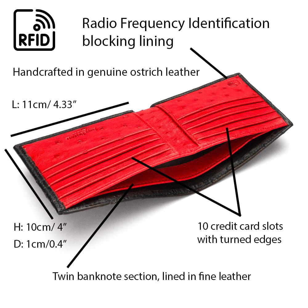 RFID wallet in real ostrich leather, black with red , features