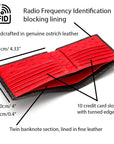 RFID wallet in real ostrich leather, black with red , features