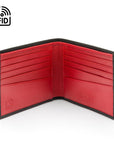 Soft leather wallet with RFID blocking, black with red, open