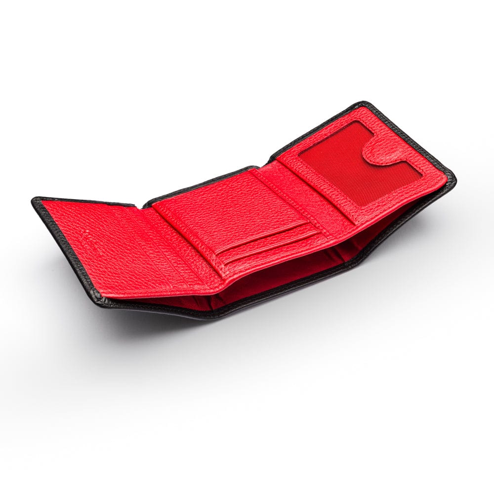 Trifold leather wallet with ID, black with red, interior