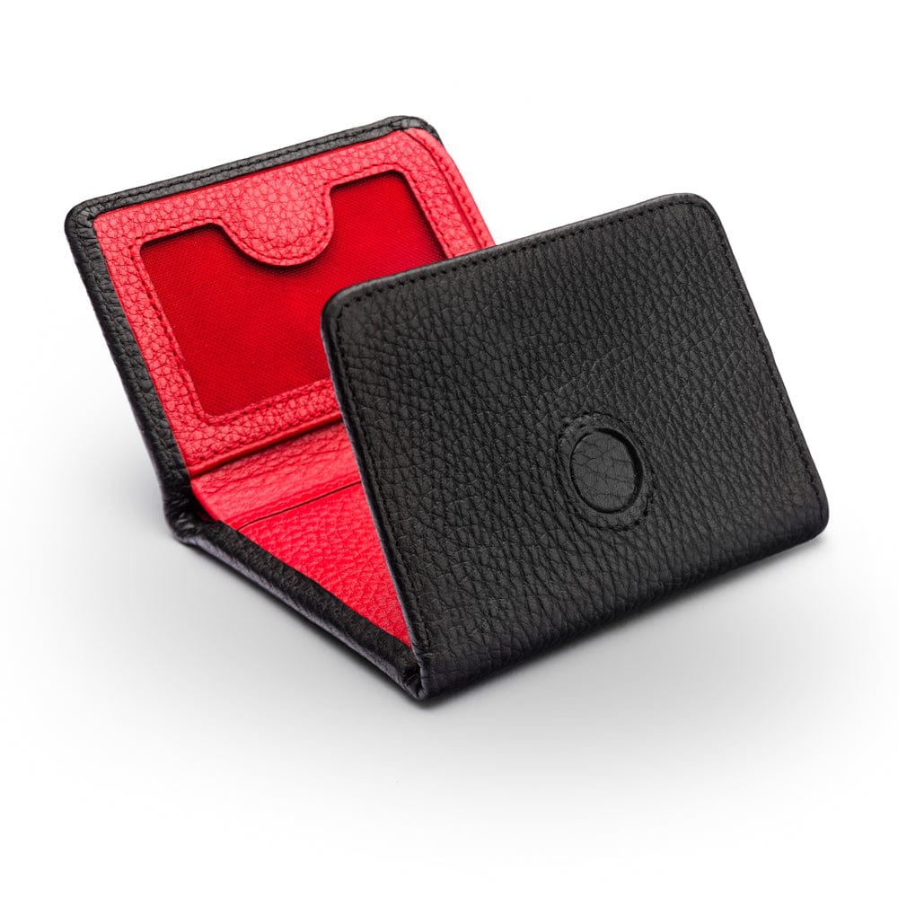 Trifold leather wallet with ID, black with red