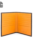 3/4 height leather RFID wallet 14 CC, black with yellow, open