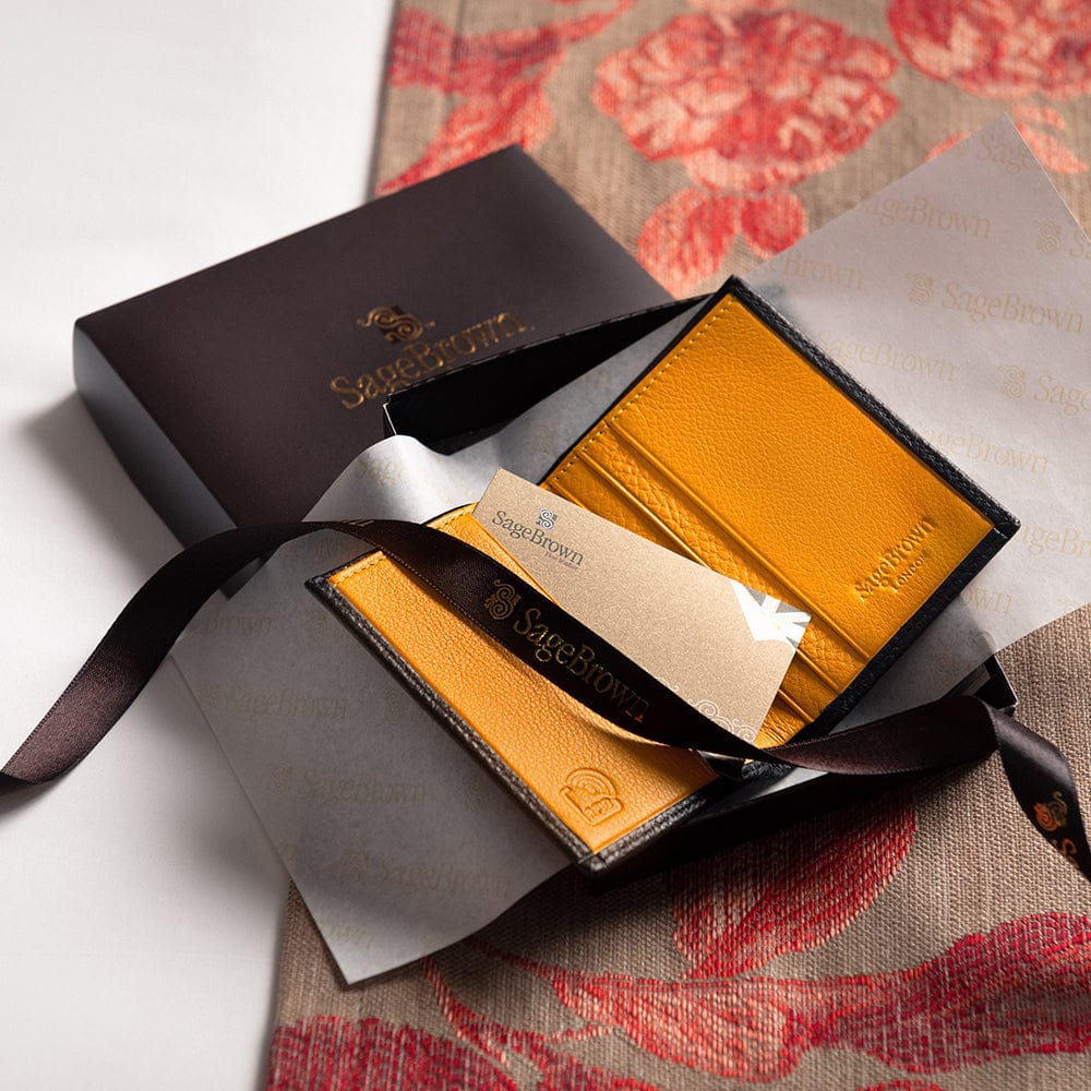 RFID leather wallet with 4 CC, black with yellow, lifestyle