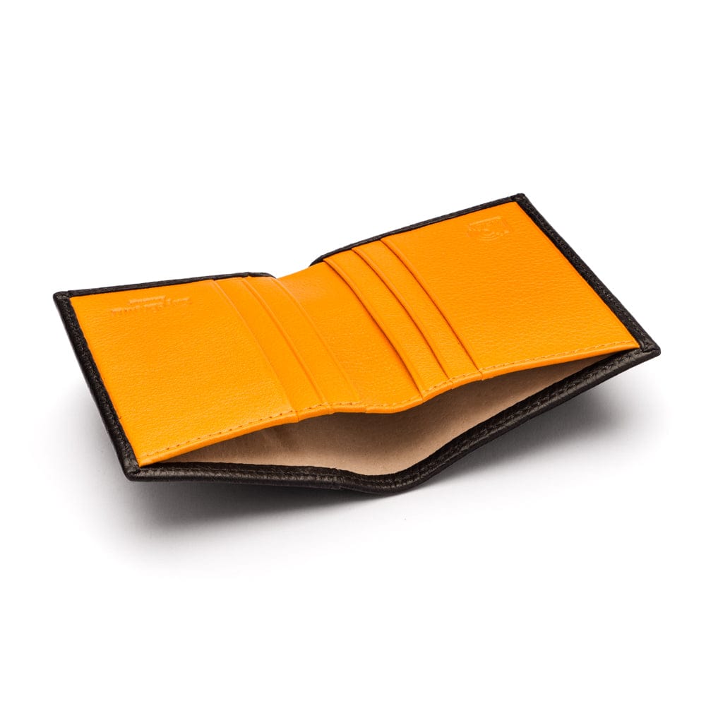 RFID leather wallet with 4 CC, black with yellow, inside