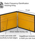 Leather money clip wallet, black with yellow, features and dimensions