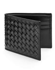 Woven leather wallet with 6 credit card slots, black, front