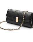 Woven leather clutch bag, black, with chain strap