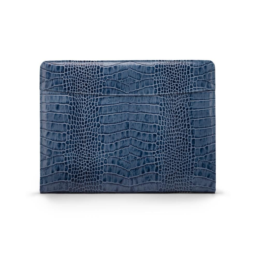 A leather notepad folder, blue croc, front